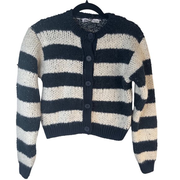 ZARA Striped Small Button-Up Cardigan Sweater Navy Blue & Cream Cotton Blend NWT - Picture 1 of 13